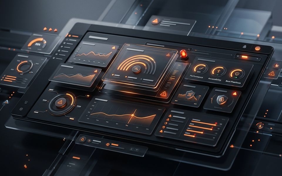 Dark automated website audit dashboard with orange analytics panels and warning indicators Dark automated website audit dashboard with orange analytics panels and warning indicators