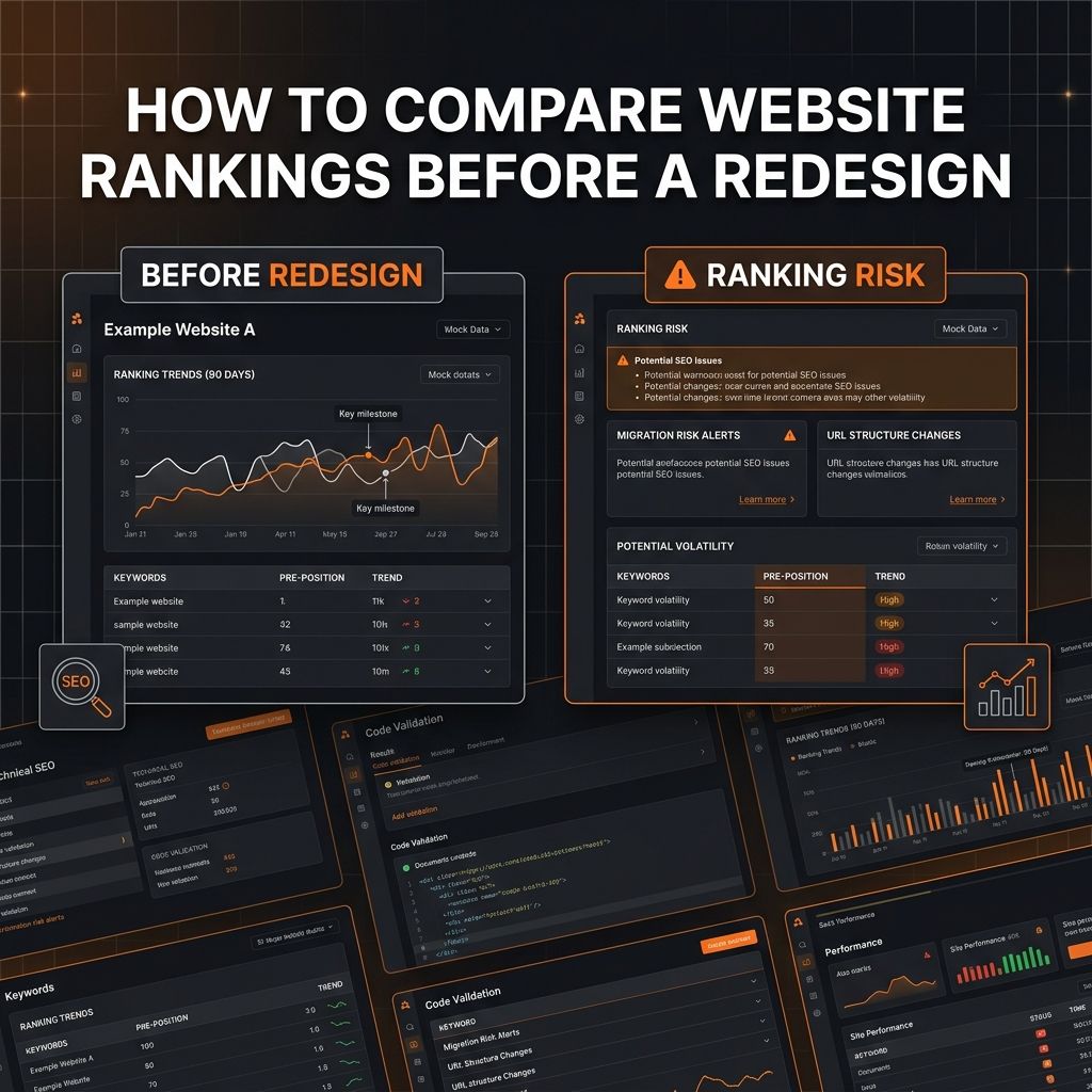 Dark SavageAudit-style ranking comparison dashboard showing before-redesign SEO position trends and migration risk panels