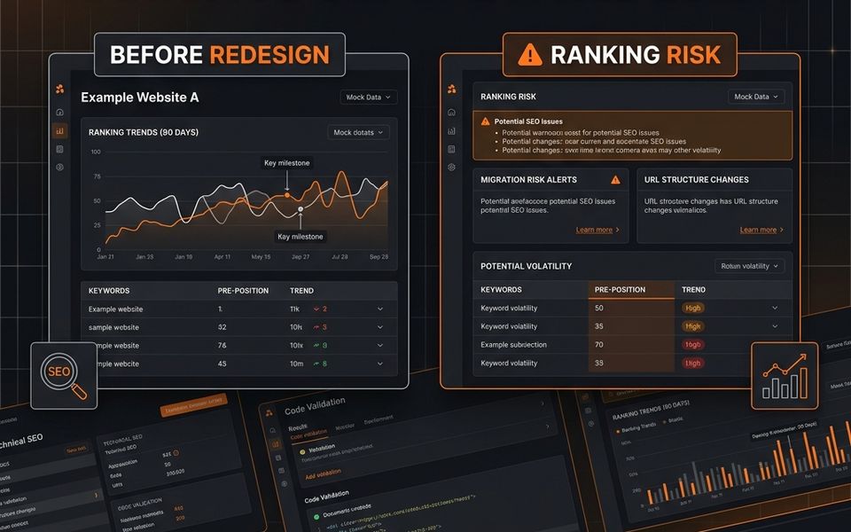 Dark SavageAudit-style ranking comparison dashboard showing before-redesign SEO position trends and migration risk panels Dark SavageAudit-style ranking comparison dashboard showing before-redesign SEO position trends and migration risk panels