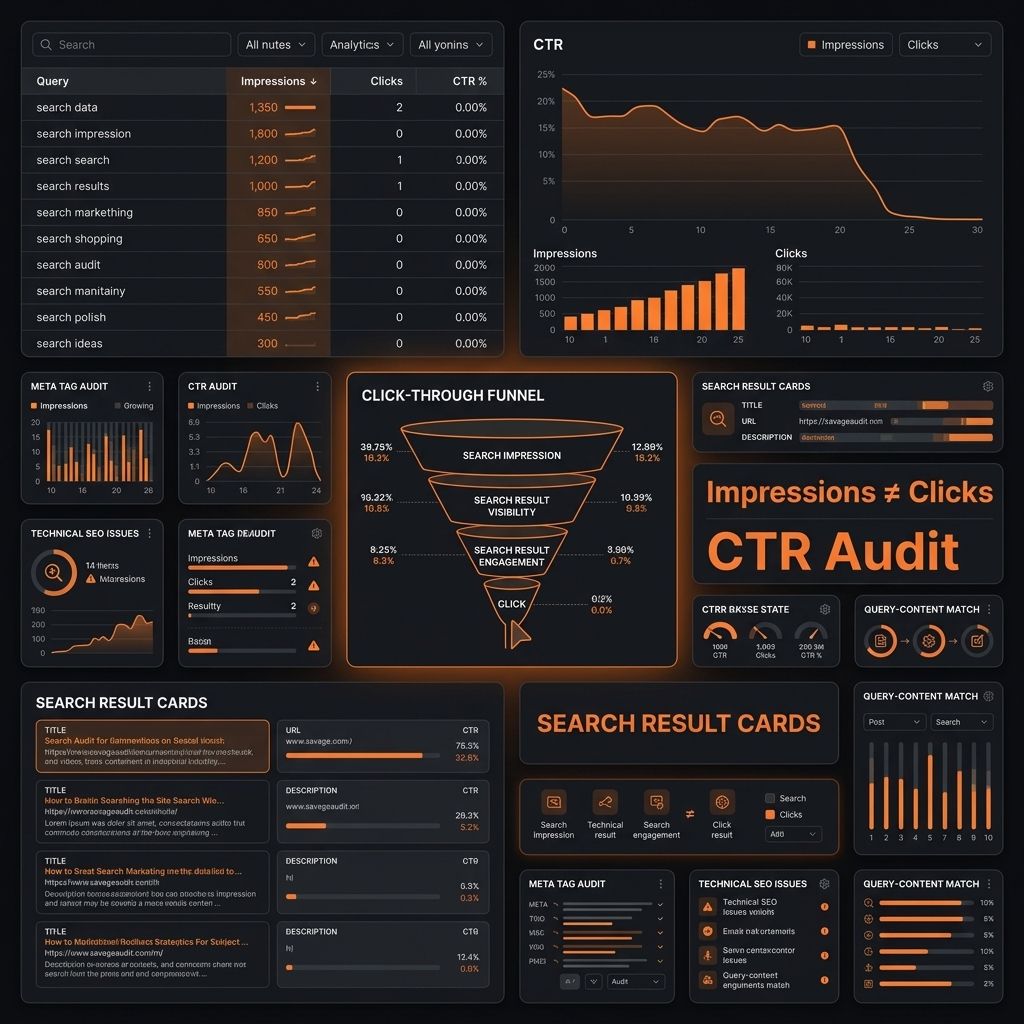 Dark SavageAudit-style SEO dashboard showing impressions rising while clicks and CTR stay low, with search query rows and audit panels