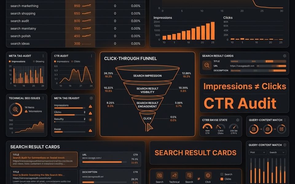 Dark SavageAudit-style SEO dashboard showing impressions rising while clicks and CTR stay low, with search query rows and audit panels Dark SavageAudit-style SEO dashboard showing impressions rising while clicks and CTR stay low, with search query rows and audit panels