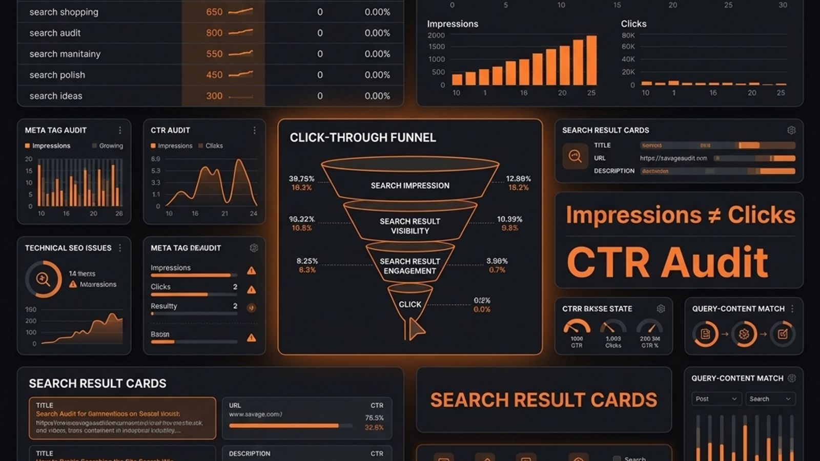 Dark SavageAudit-style SEO dashboard showing impressions rising while clicks and CTR stay low, with search query rows and audit panels Dark SavageAudit-style SEO dashboard showing impressions rising while clicks and CTR stay low, with search query rows and audit panels