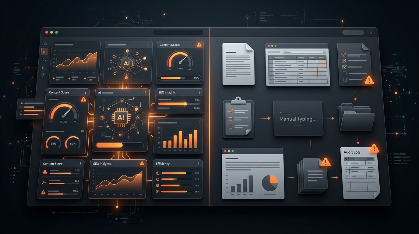 Dark SaaS dashboard comparing an AI-powered content audit interface with a manual workflow panel, orange accent lighting