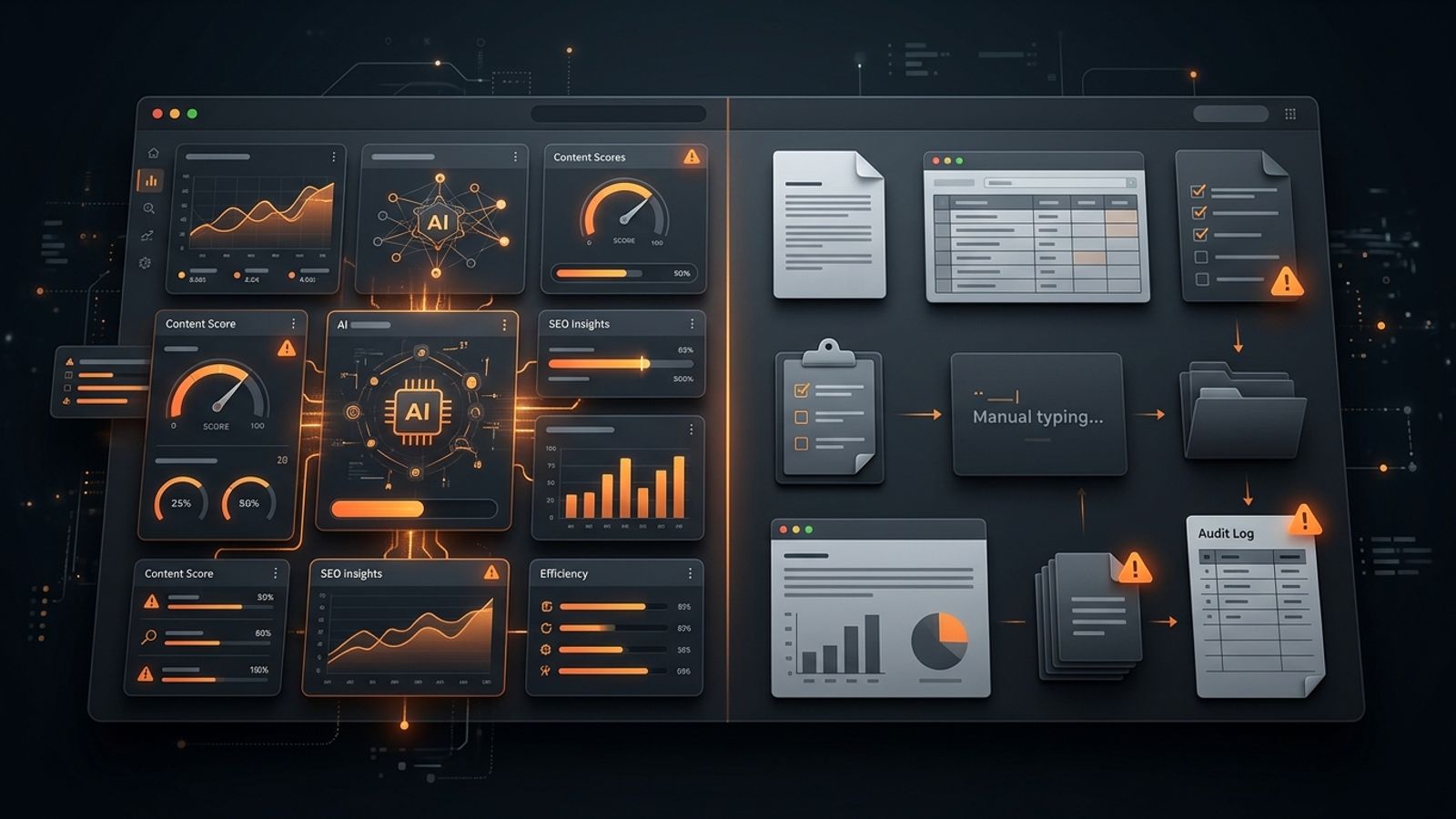 Dark SaaS dashboard comparing an AI-powered content audit interface with a manual workflow panel, orange accent lighting Dark SaaS dashboard comparing an AI-powered content audit interface with a manual workflow panel, orange accent lighting