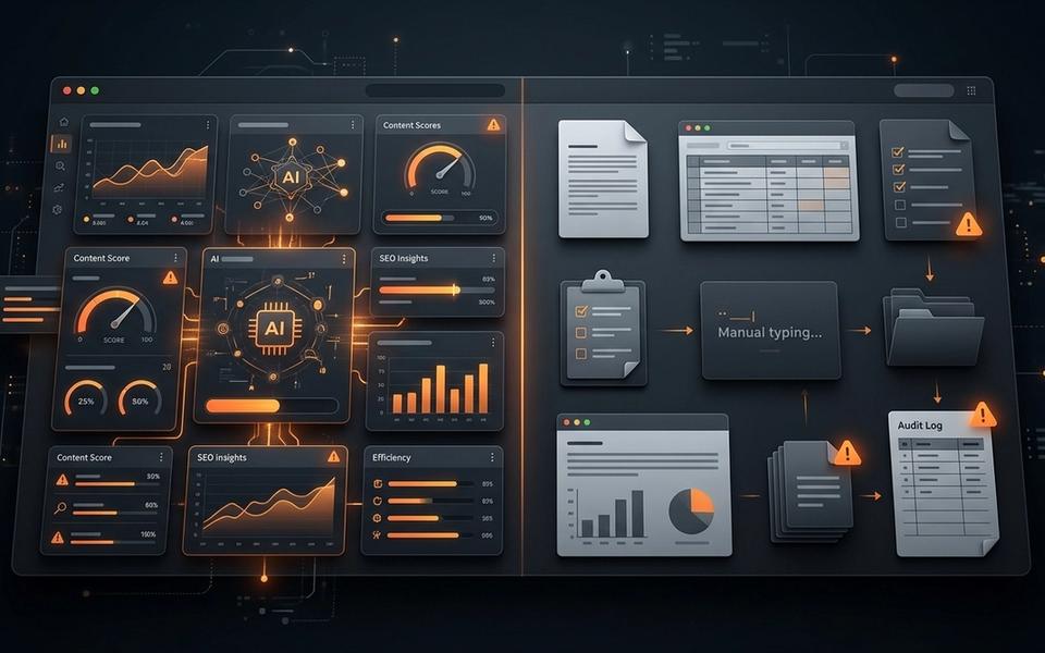 Dark SaaS dashboard comparing an AI-powered content audit interface with a manual workflow panel, orange accent lighting Dark SaaS dashboard comparing an AI-powered content audit interface with a manual workflow panel, orange accent lighting