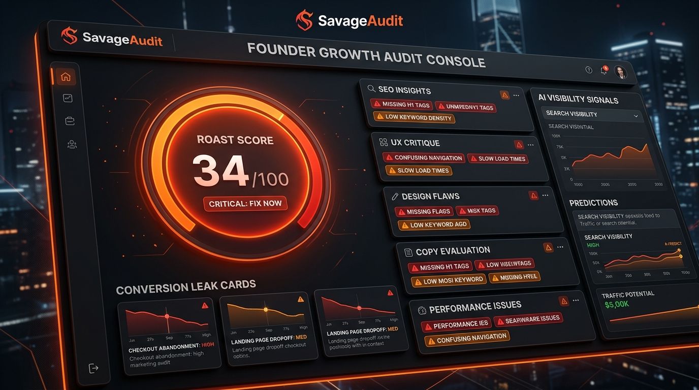 Dark orange SavageAudit founder dashboard showing website roast scores, conversion leaks, and SEO UX copy panels.