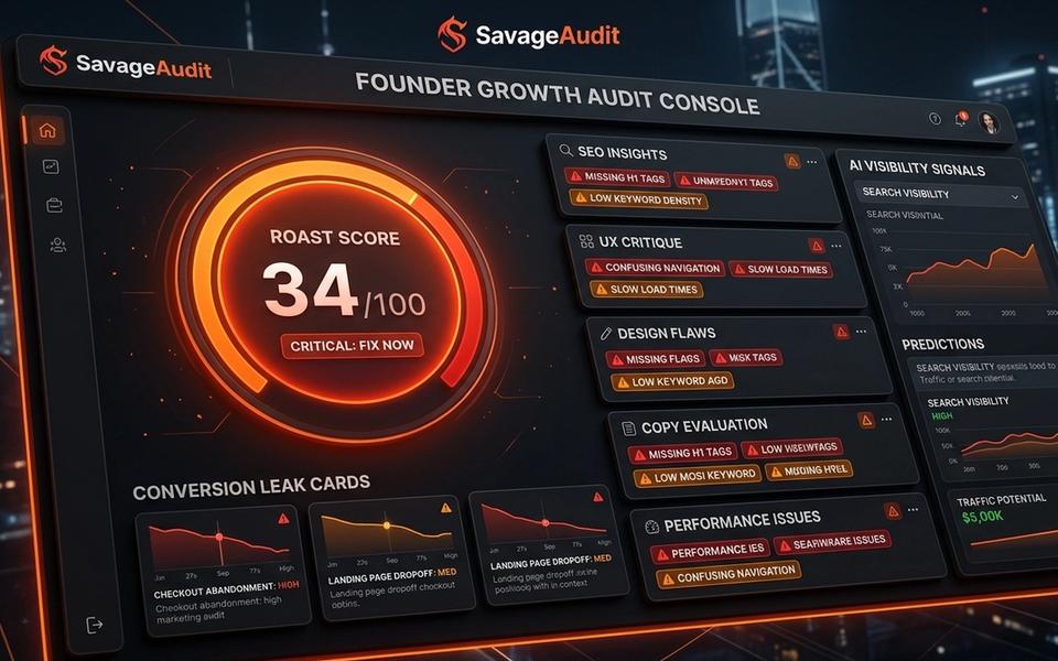 Dark orange SavageAudit founder dashboard showing website roast scores, conversion leaks, and SEO UX copy panels. Dark orange SavageAudit founder dashboard showing website roast scores, conversion leaks, and SEO UX copy panels.