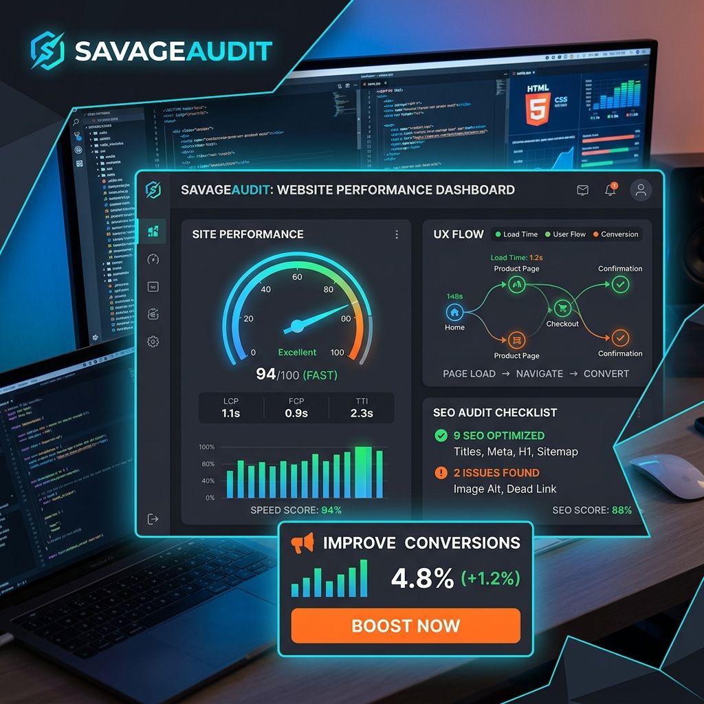 Developer-focused dashboard showing speed, UX, SEO, and conversion audit signals together