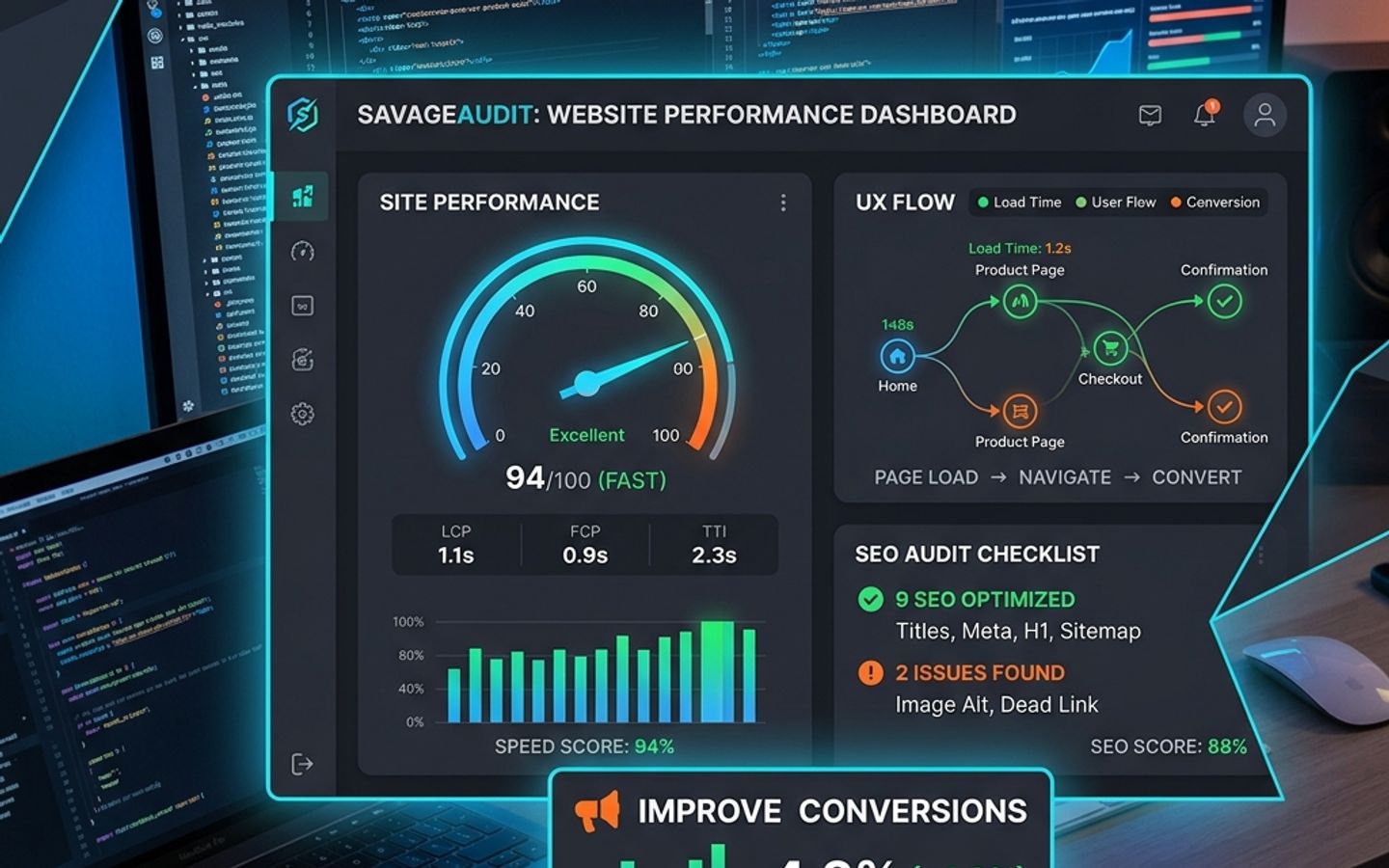 Developer-focused dashboard showing speed, UX, SEO, and conversion audit signals together Developer-focused dashboard showing speed, UX, SEO, and conversion audit signals together