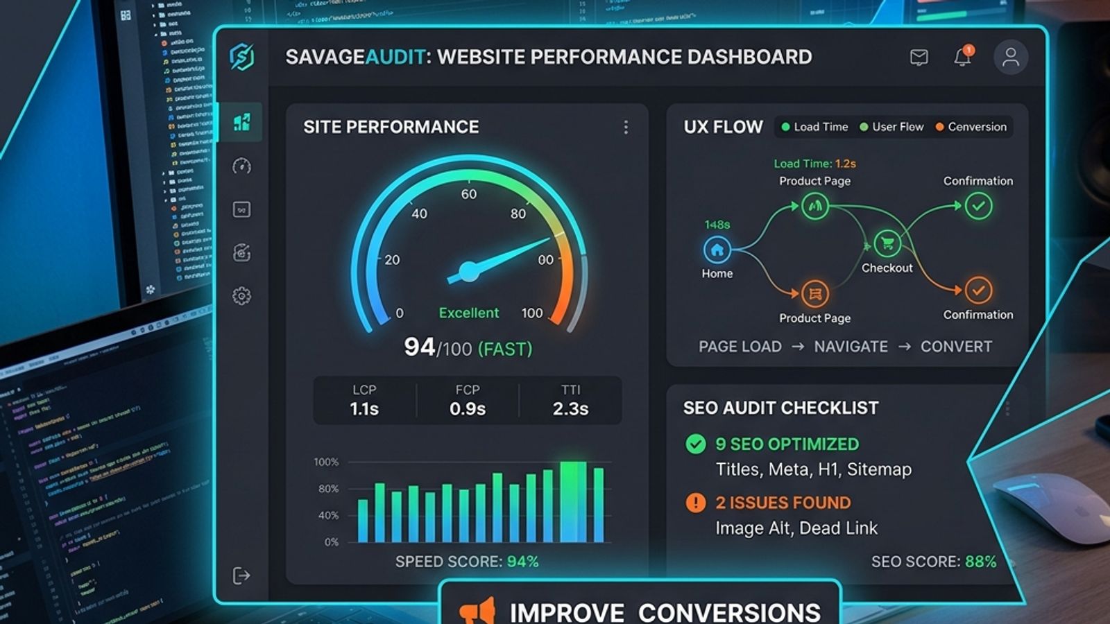 Developer-focused dashboard showing speed, UX, SEO, and conversion audit signals together Developer-focused dashboard showing speed, UX, SEO, and conversion audit signals together