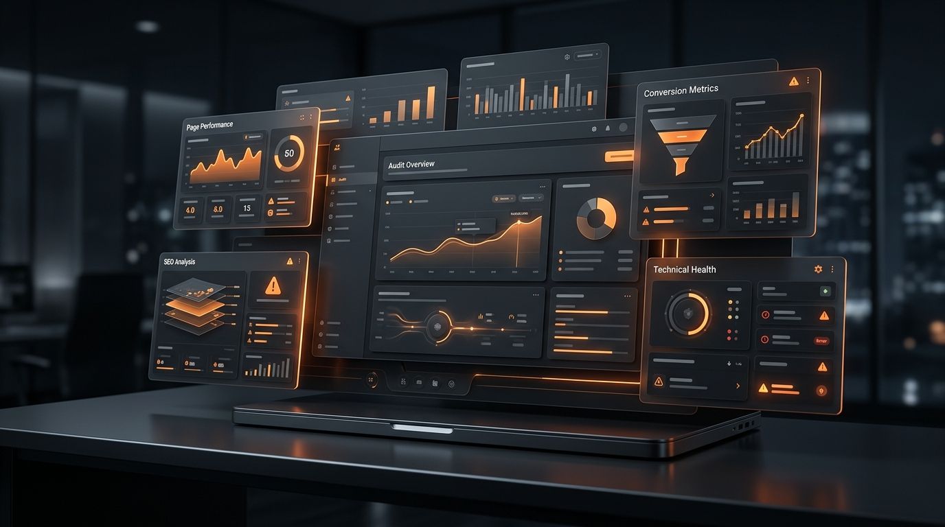 Abstract dark landing page audit dashboard with orange analytics cards showing UX, SEO, copy, and conversion checks.