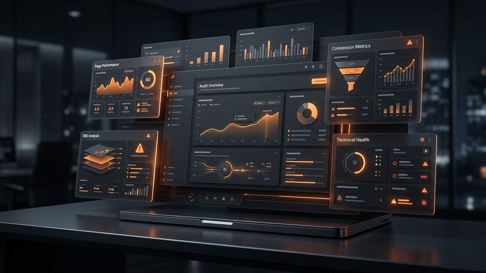 Abstract dark landing page audit dashboard with orange analytics cards showing UX, SEO, copy, and conversion checks. Abstract dark landing page audit dashboard with orange analytics cards showing UX, SEO, copy, and conversion checks.