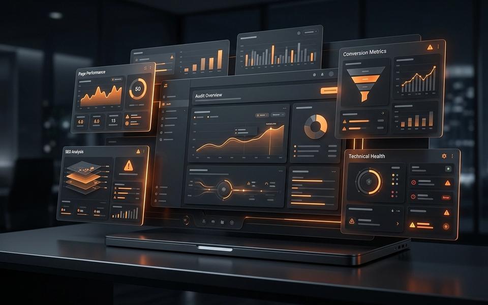Abstract dark landing page audit dashboard with orange analytics cards showing UX, SEO, copy, and conversion checks. Abstract dark landing page audit dashboard with orange analytics cards showing UX, SEO, copy, and conversion checks.