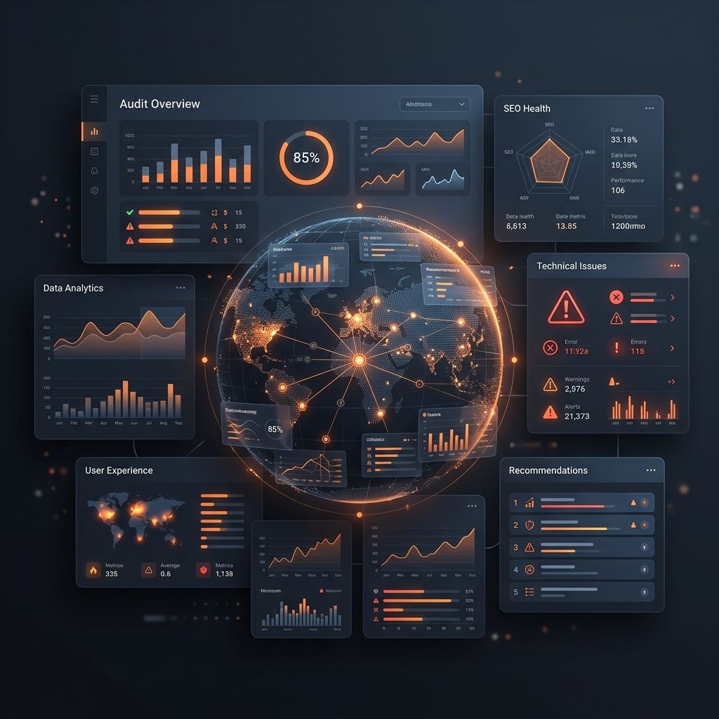 Dark website audit pricing dashboard with orange analytics panels
