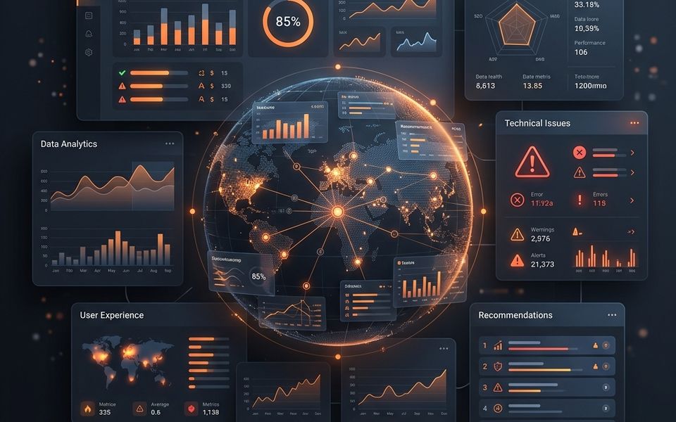 Dark website audit pricing dashboard with orange analytics panels Dark website audit pricing dashboard with orange analytics panels