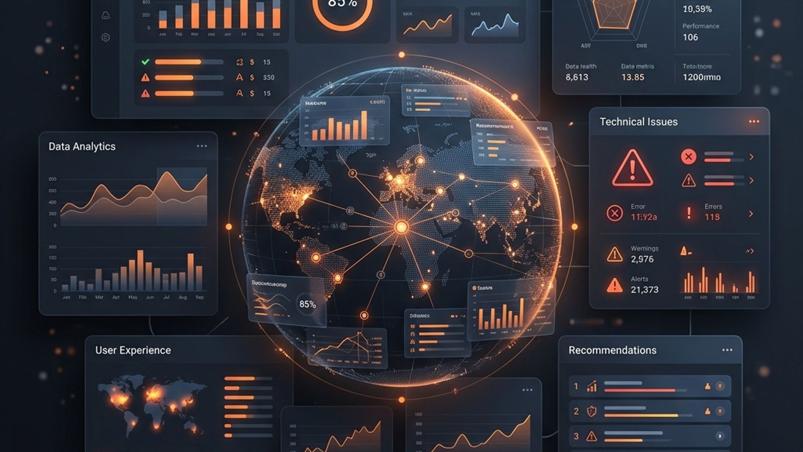 Dark website audit pricing dashboard with orange analytics panels Dark website audit pricing dashboard with orange analytics panels