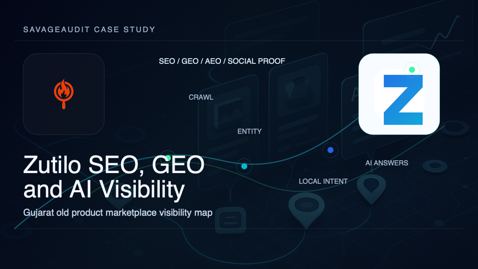 Dark SavageAudit-style audit board showing Zutilo marketplace SEO, GEO, AI visibility, local listings, and brand presence signals