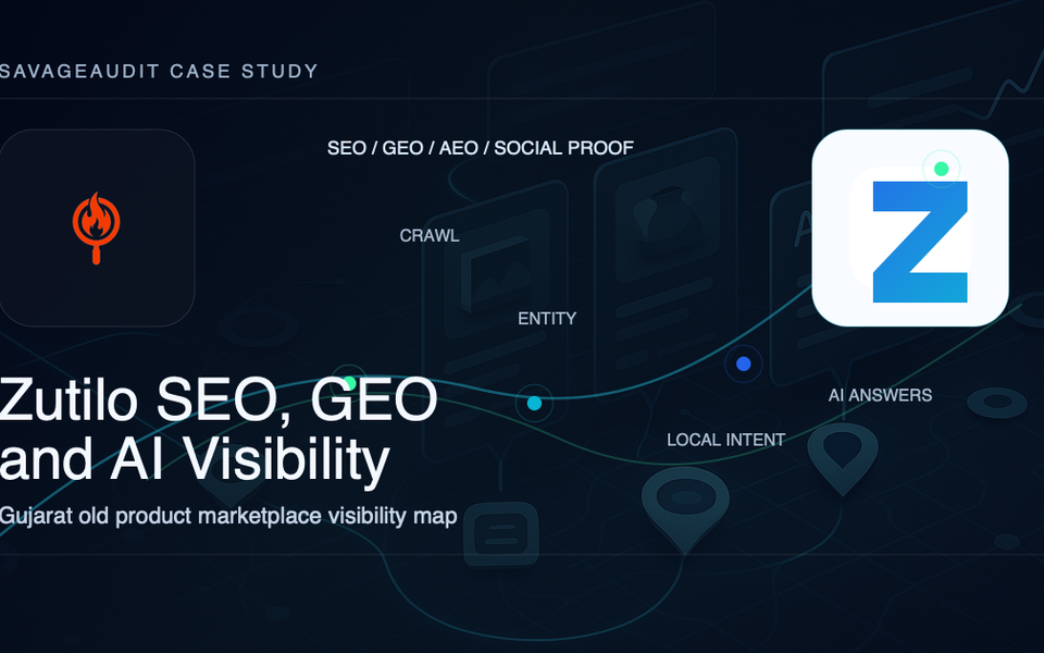 Dark SavageAudit-style audit board showing Zutilo marketplace SEO, GEO, AI visibility, local listings, and brand presence signals Dark SavageAudit-style audit board showing Zutilo marketplace SEO, GEO, AI visibility, local listings, and brand presence signals
