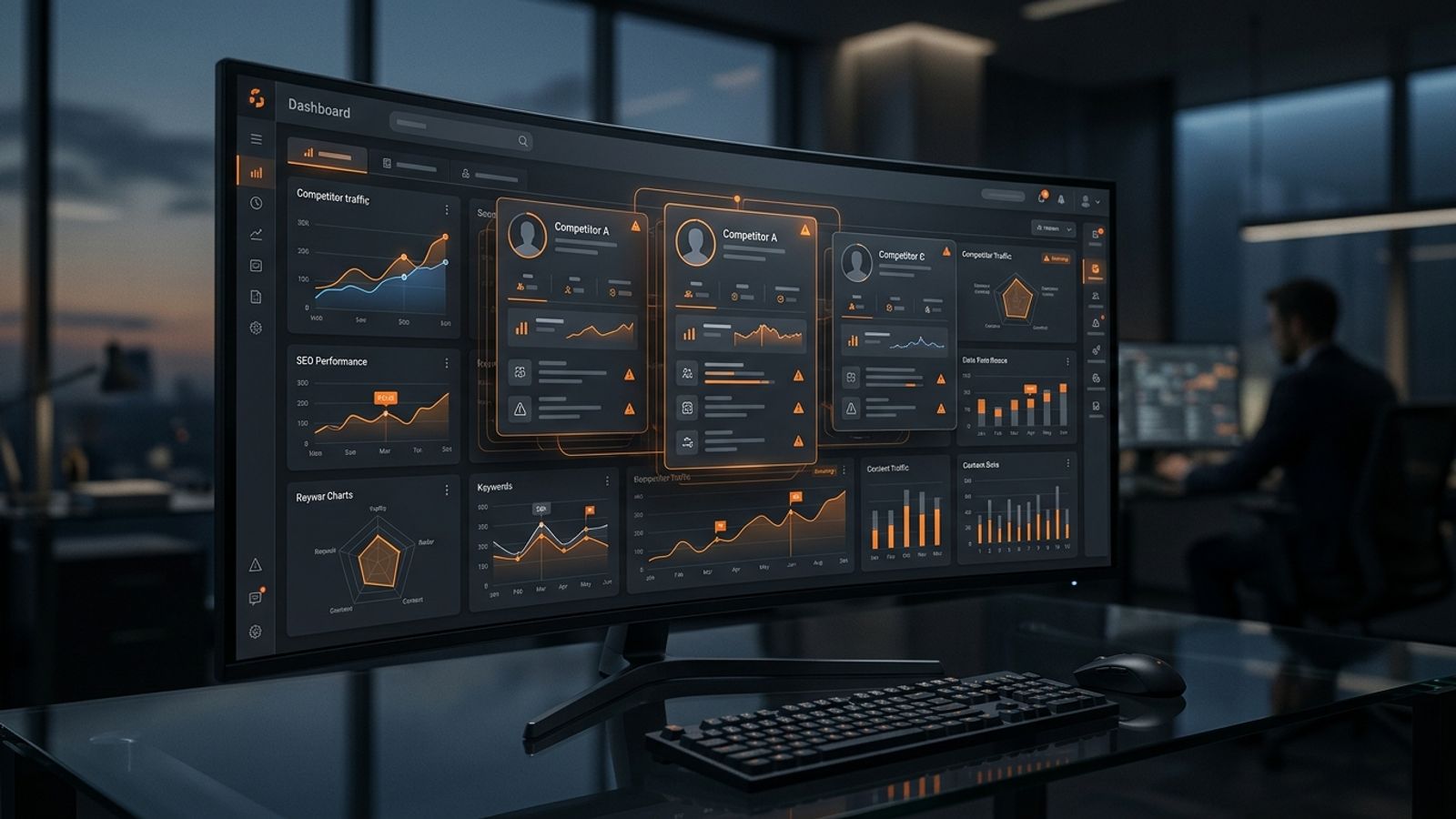 Dark competitor website analysis dashboard with orange audit panels and comparison cards. Dark competitor website analysis dashboard with orange audit panels and comparison cards.