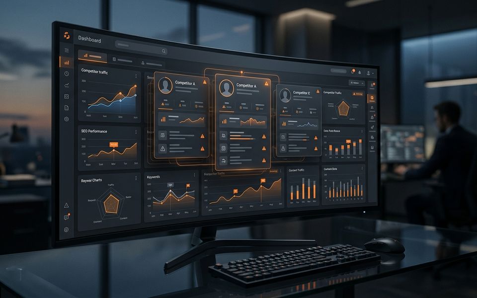 Dark competitor website analysis dashboard with orange audit panels and comparison cards. Dark competitor website analysis dashboard with orange audit panels and comparison cards.