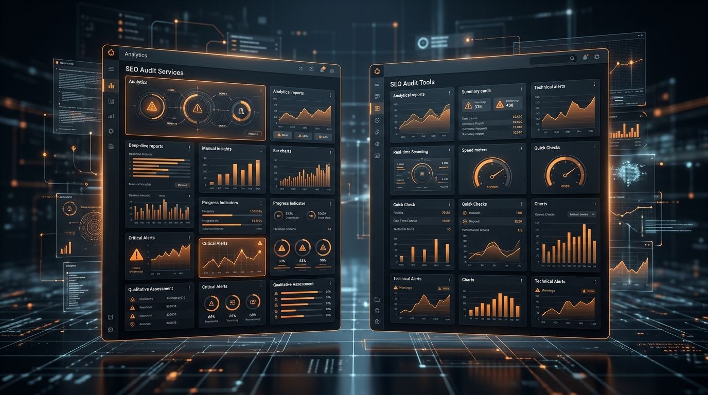 Dark SaaS dashboard comparing SEO audit services and SEO audit tools