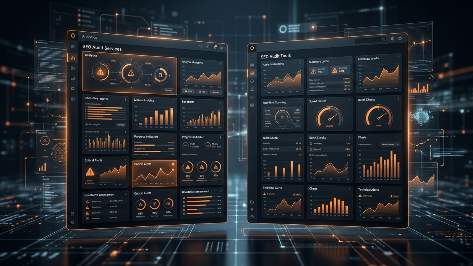Dark SaaS dashboard comparing SEO audit services and SEO audit tools Dark SaaS dashboard comparing SEO audit services and SEO audit tools