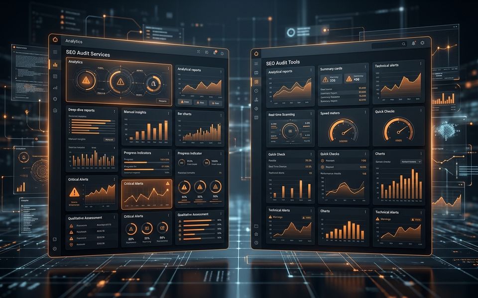 Dark SaaS dashboard comparing SEO audit services and SEO audit tools Dark SaaS dashboard comparing SEO audit services and SEO audit tools