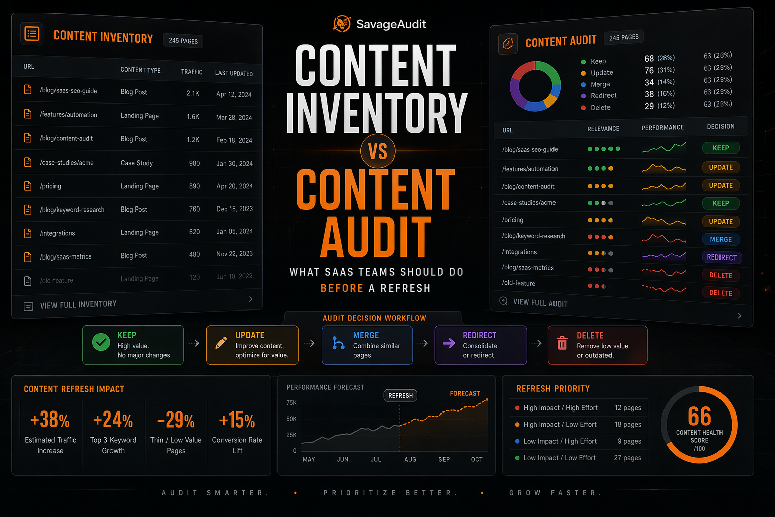 SavageAudit content inventory versus content audit dashboard with tables, decision matrix, and refresh workflow panels.