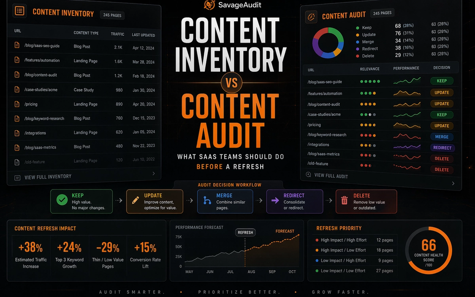 SavageAudit content inventory versus content audit dashboard with tables, decision matrix, and refresh workflow panels. SavageAudit content inventory versus content audit dashboard with tables, decision matrix, and refresh workflow panels.