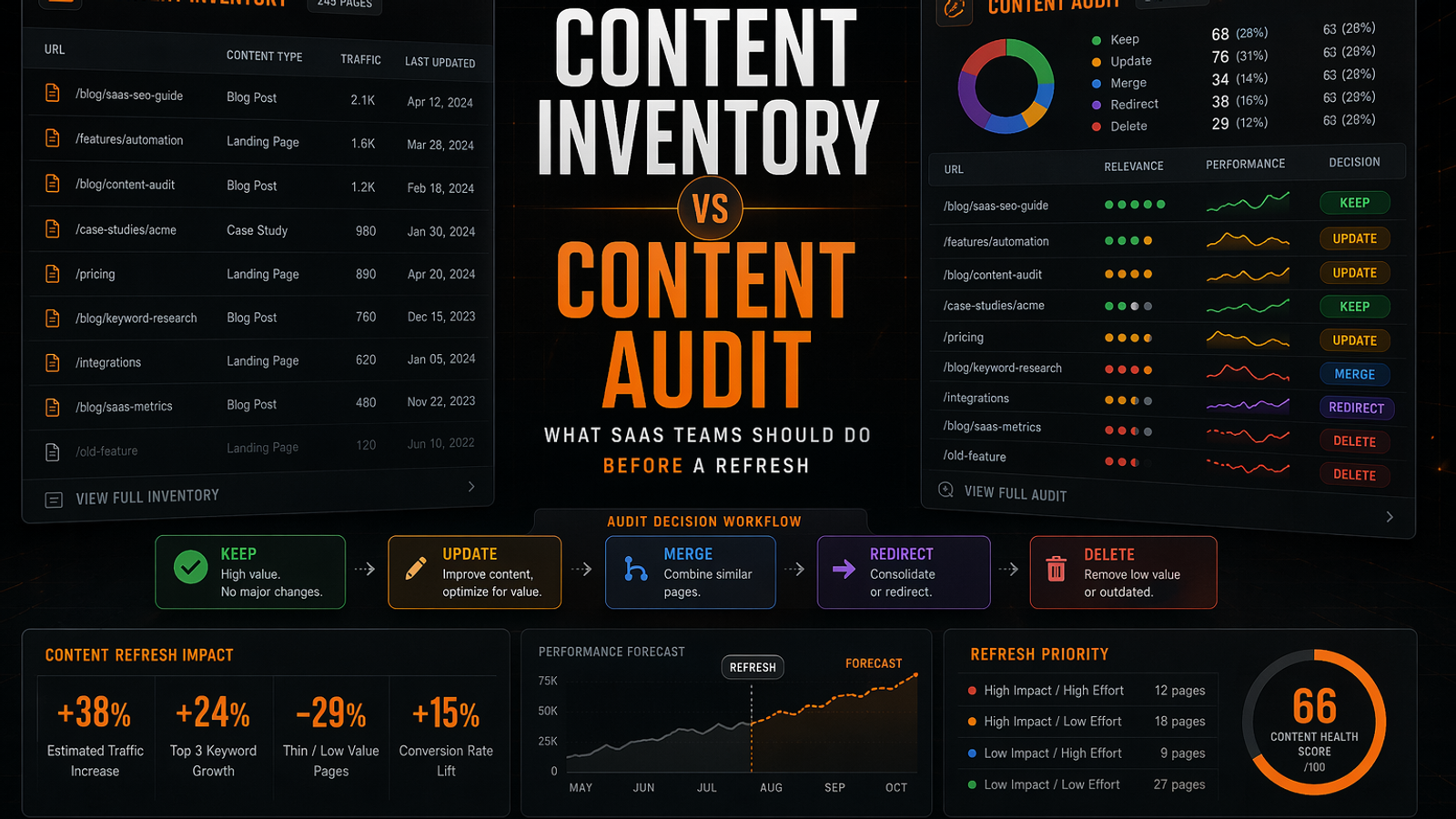 SavageAudit content inventory versus content audit dashboard with tables, decision matrix, and refresh workflow panels. SavageAudit content inventory versus content audit dashboard with tables, decision matrix, and refresh workflow panels.