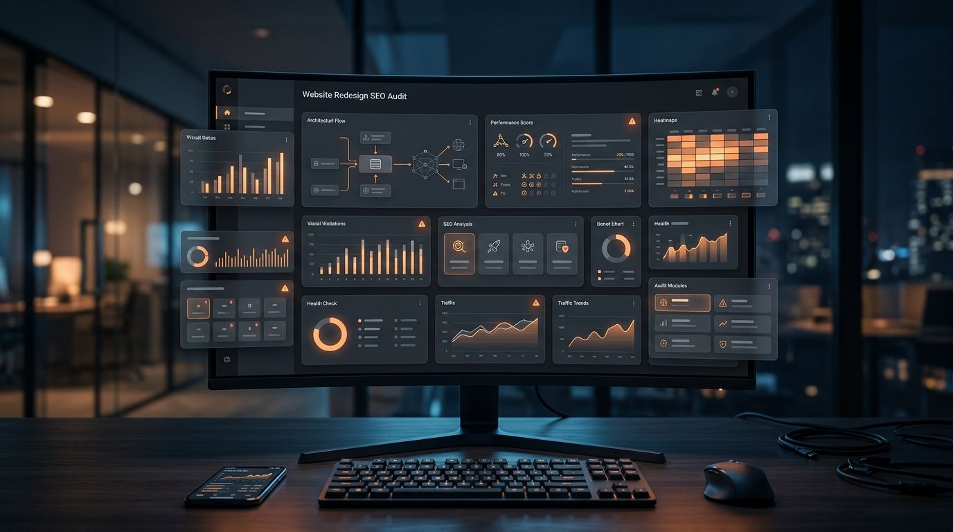 Dark website redesign SEO audit dashboard with orange warning panels and migration analytics