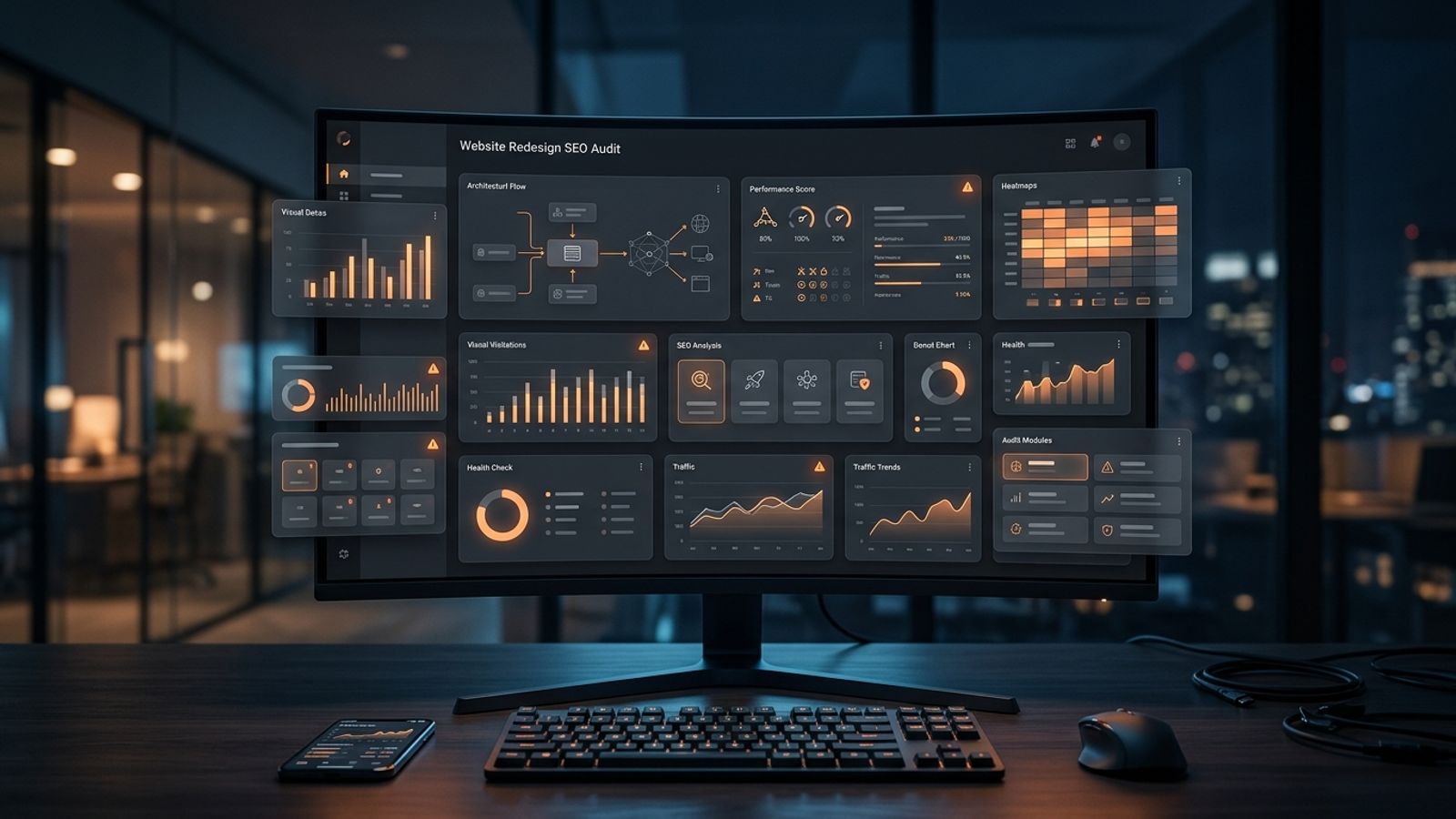 Dark website redesign SEO audit dashboard with orange warning panels and migration analytics Dark website redesign SEO audit dashboard with orange warning panels and migration analytics