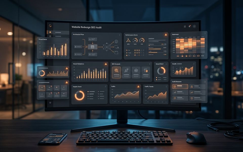 Dark website redesign SEO audit dashboard with orange warning panels and migration analytics Dark website redesign SEO audit dashboard with orange warning panels and migration analytics