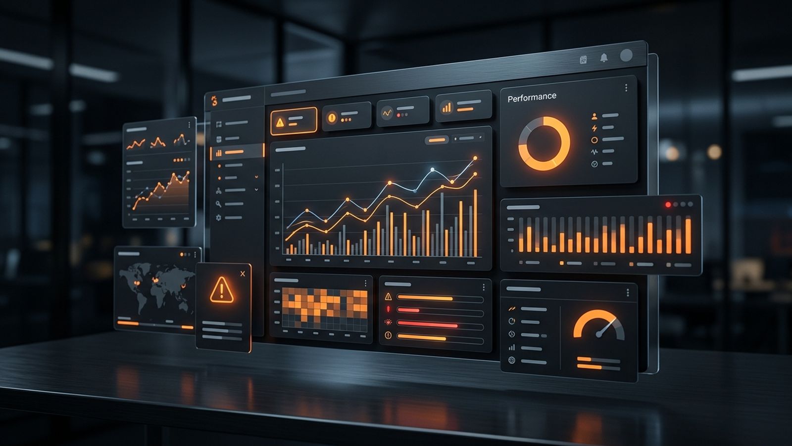 Dark SEO audit reporting dashboard with orange analytics cards and client-ready audit panels Dark SEO audit reporting dashboard with orange analytics cards and client-ready audit panels