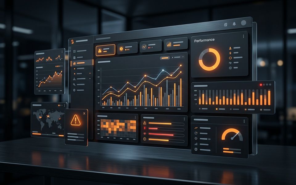 Dark SEO audit reporting dashboard with orange analytics cards and client-ready audit panels Dark SEO audit reporting dashboard with orange analytics cards and client-ready audit panels