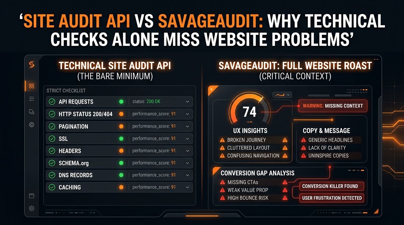 Dark SavageAudit comparison dashboard showing site audit API checks versus full website problem analysis.