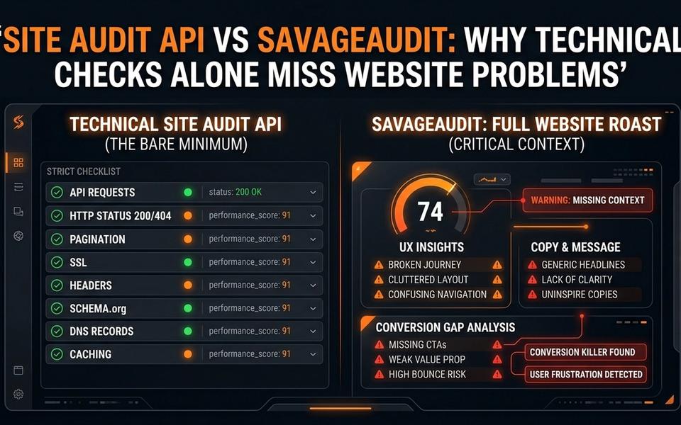 Dark SavageAudit comparison dashboard showing site audit API checks versus full website problem analysis. Dark SavageAudit comparison dashboard showing site audit API checks versus full website problem analysis.