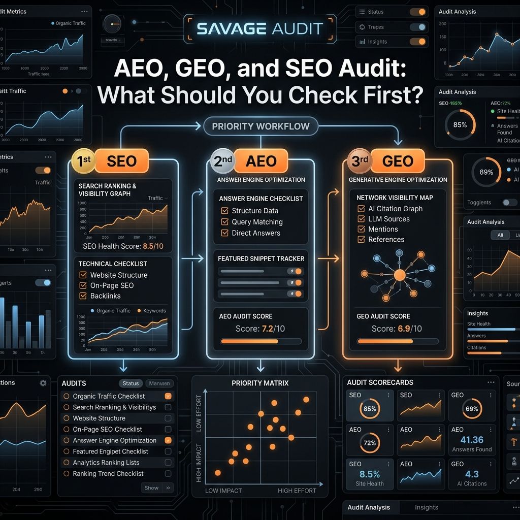 Dark SavageAudit-style dashboard comparing SEO, AEO, and GEO audit priorities with scorecards and visibility maps