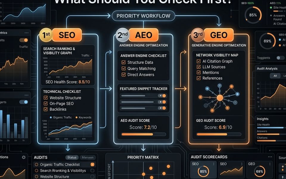 Dark SavageAudit-style dashboard comparing SEO, AEO, and GEO audit priorities with scorecards and visibility maps Dark SavageAudit-style dashboard comparing SEO, AEO, and GEO audit priorities with scorecards and visibility maps