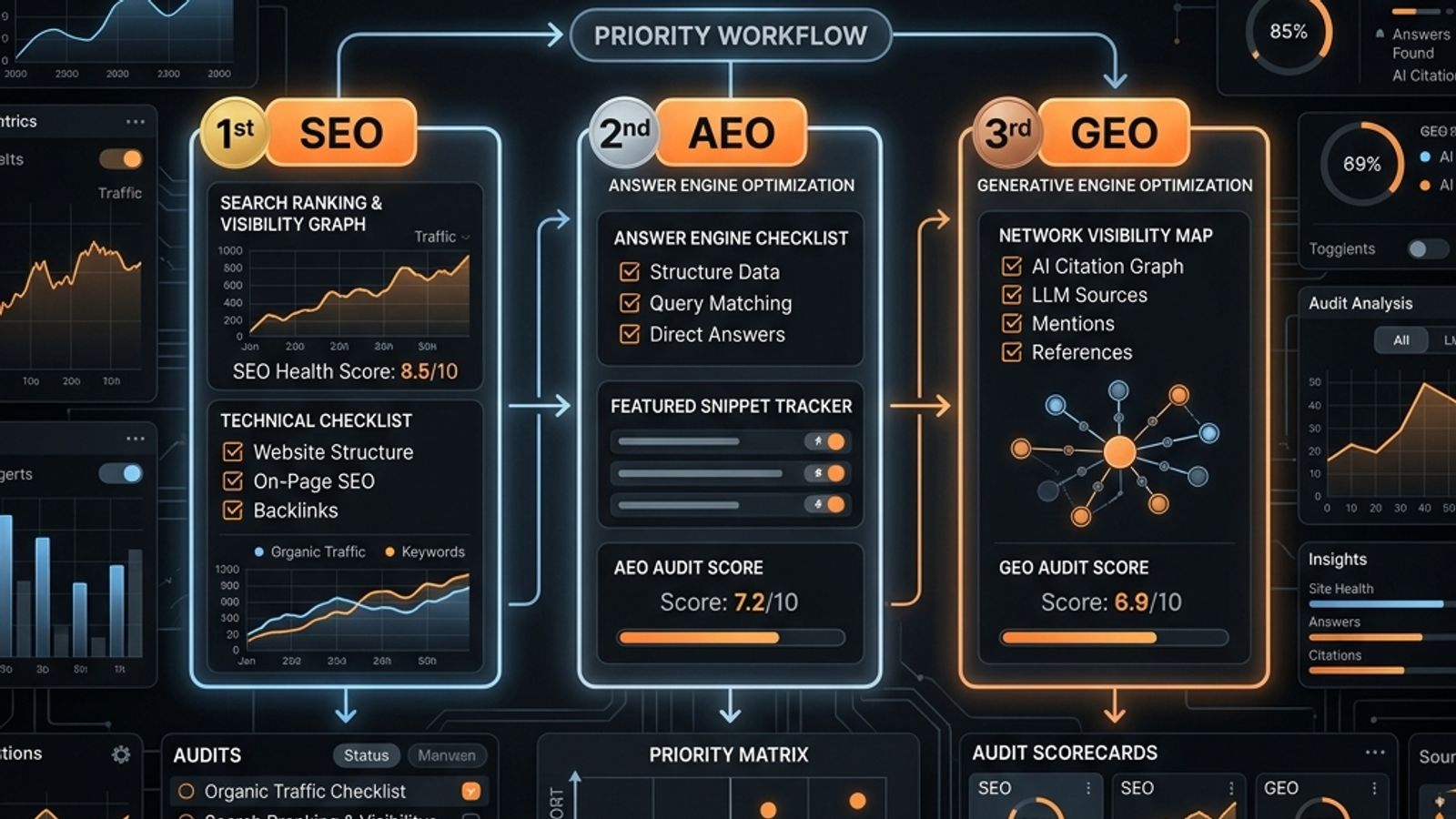 Dark SavageAudit-style dashboard comparing SEO, AEO, and GEO audit priorities with scorecards and visibility maps Dark SavageAudit-style dashboard comparing SEO, AEO, and GEO audit priorities with scorecards and visibility maps