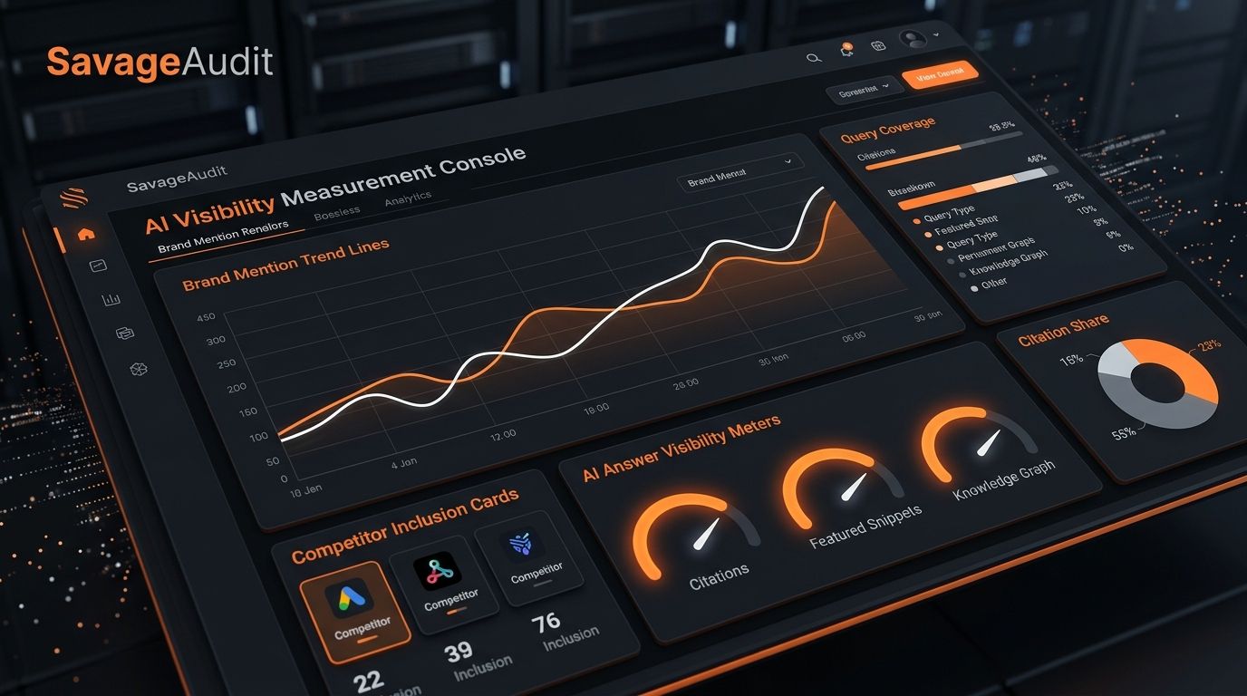 Dark SavageAudit dashboard measuring AI search visibility, brand mentions, citations, and query coverage.