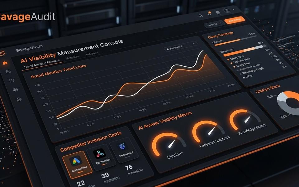 Dark SavageAudit dashboard measuring AI search visibility, brand mentions, citations, and query coverage. Dark SavageAudit dashboard measuring AI search visibility, brand mentions, citations, and query coverage.