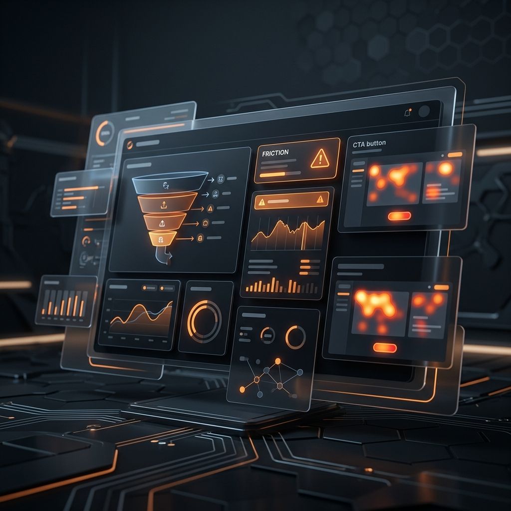 Dark conversion audit dashboard with orange-accented website review panels