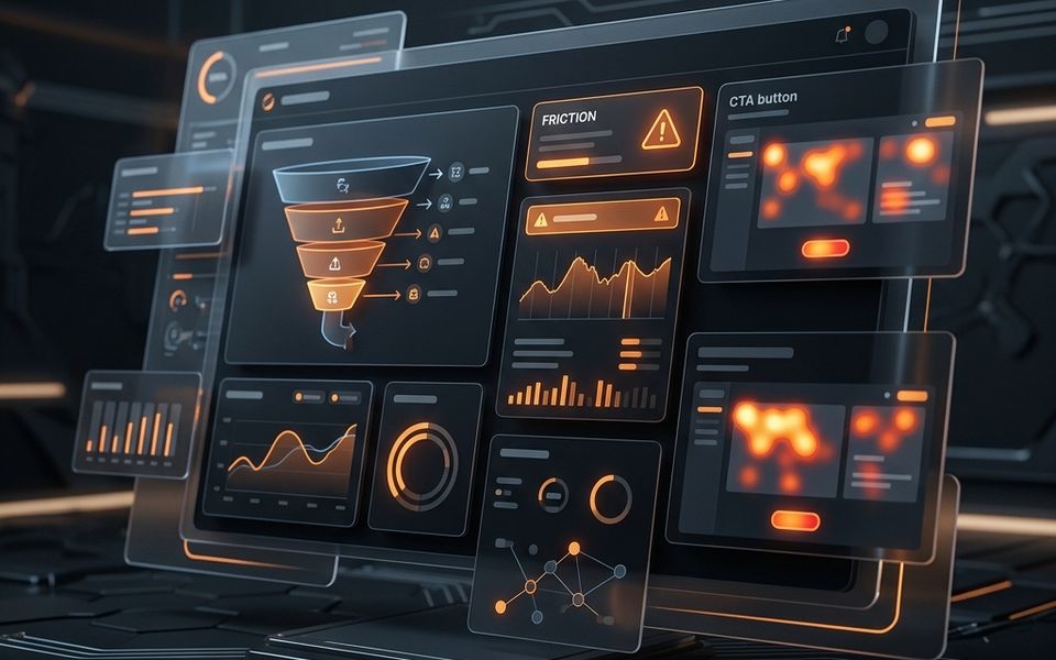 Dark conversion audit dashboard with orange-accented website review panels Dark conversion audit dashboard with orange-accented website review panels
