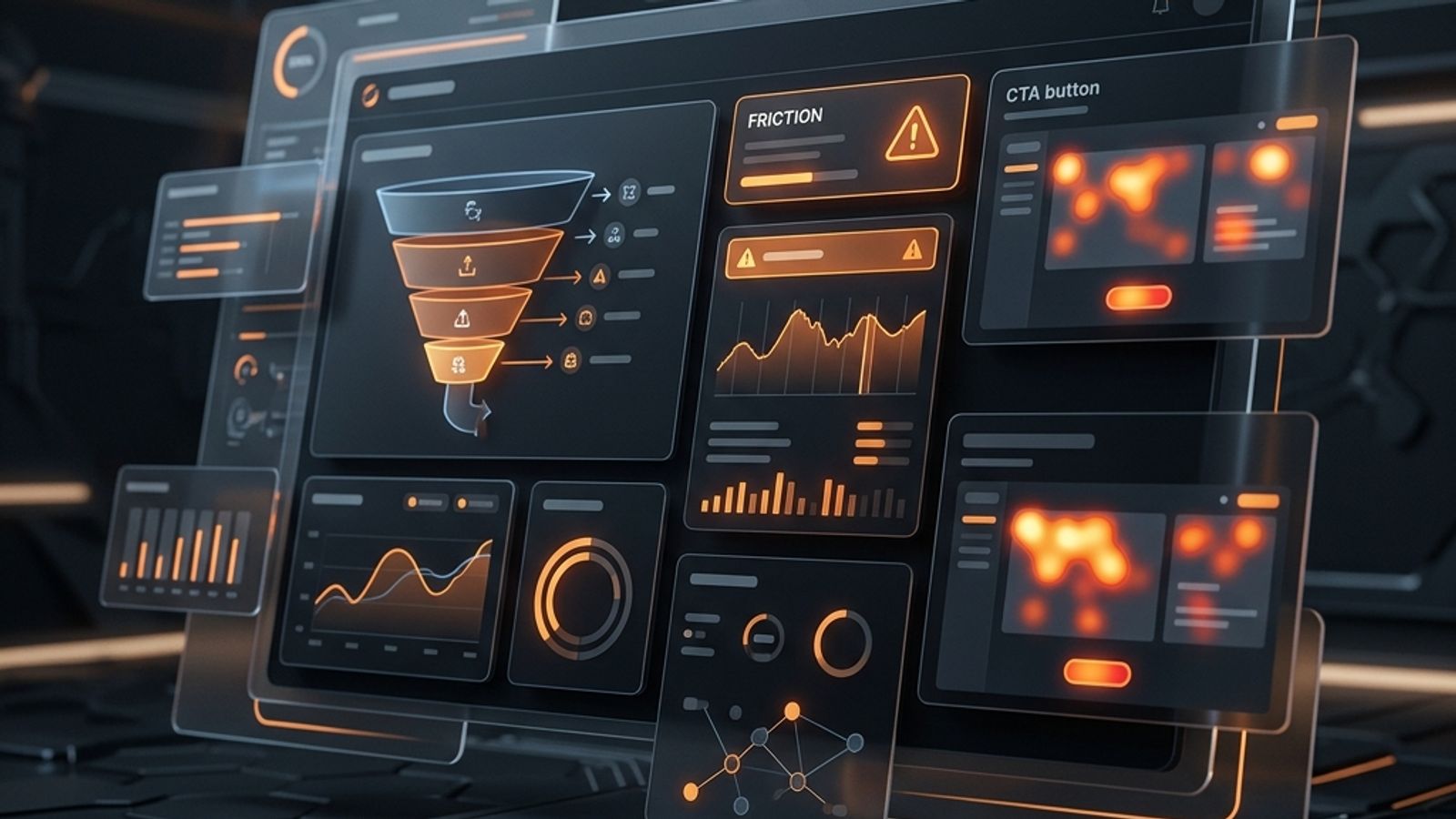 Dark conversion audit dashboard with orange-accented website review panels Dark conversion audit dashboard with orange-accented website review panels