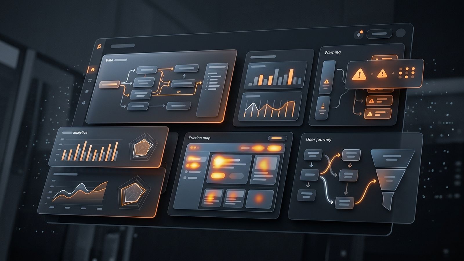Dark SaaS UX audit dashboard with orange warning panels and conversion friction modules Dark SaaS UX audit dashboard with orange warning panels and conversion friction modules
