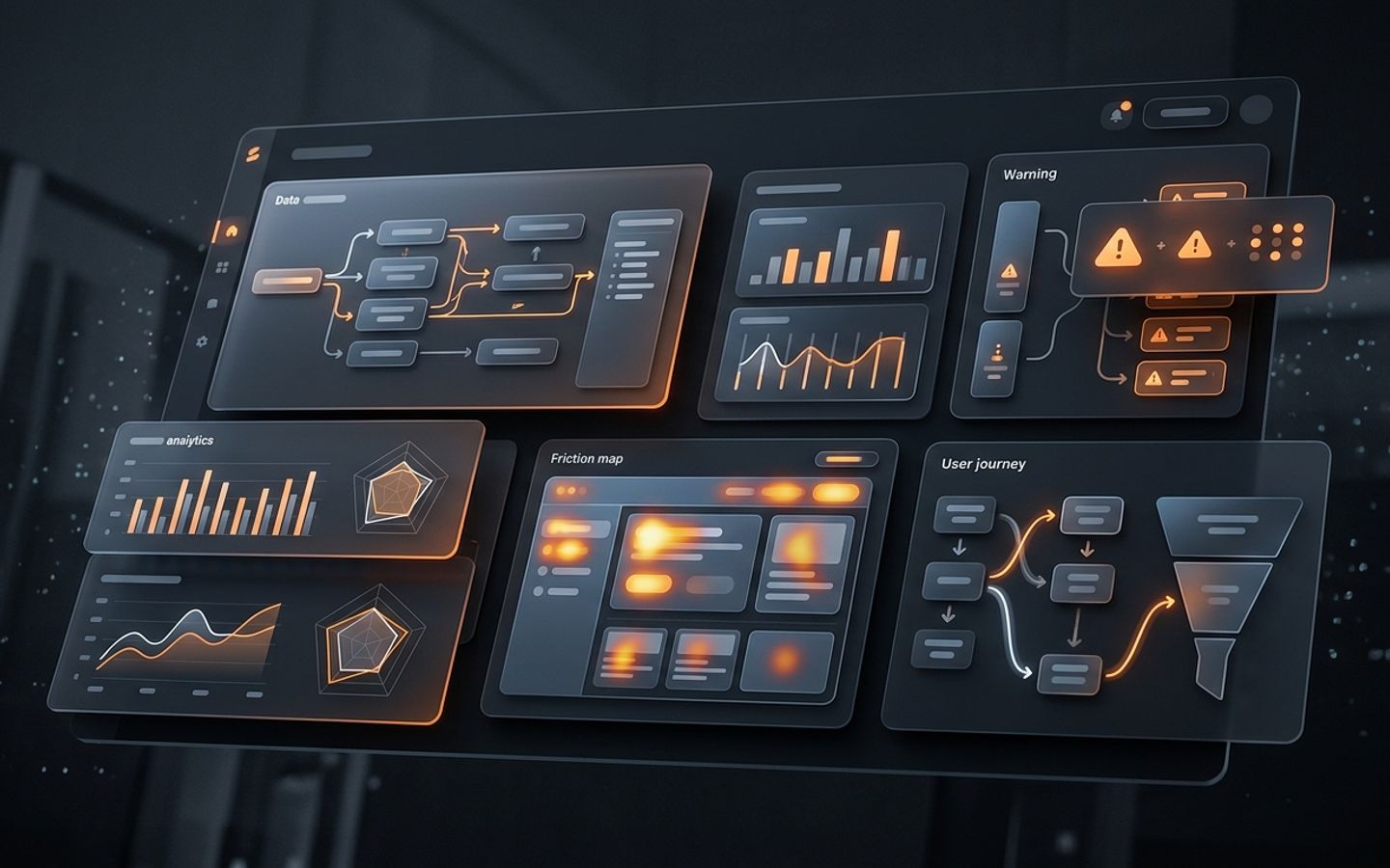 Dark SaaS UX audit dashboard with orange warning panels and conversion friction modules Dark SaaS UX audit dashboard with orange warning panels and conversion friction modules