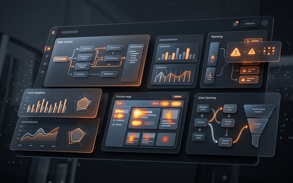 Dark SaaS UX audit dashboard with orange warning panels and conversion friction modules Dark SaaS UX audit dashboard with orange warning panels and conversion friction modules
