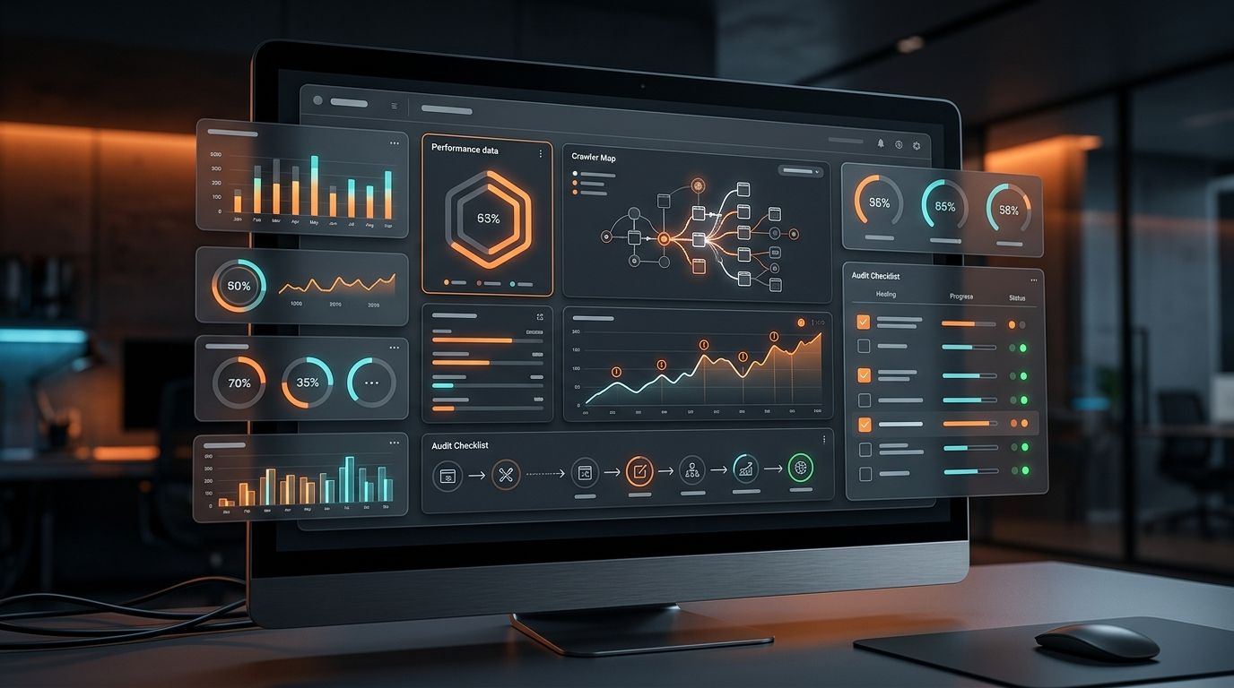 Dark abstract website audit dashboard showing JavaScript crawlability checks and orange warning panels.
