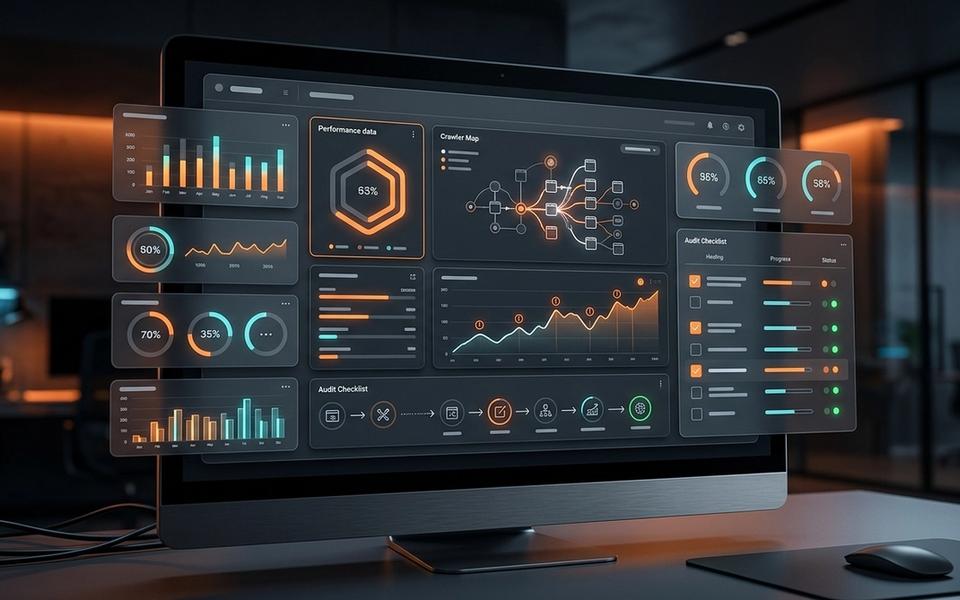 Dark abstract website audit dashboard showing JavaScript crawlability checks and orange warning panels. Dark abstract website audit dashboard showing JavaScript crawlability checks and orange warning panels.